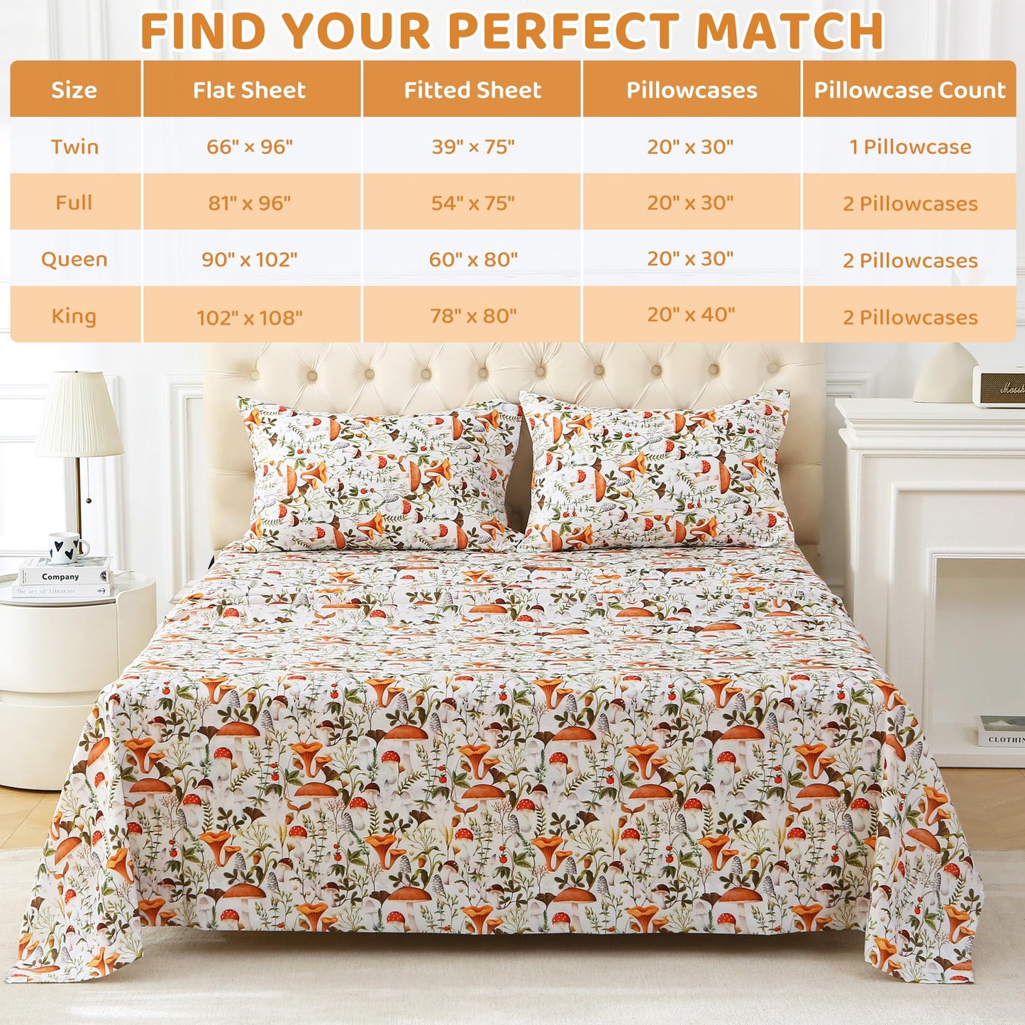 Mooreeke Cozy Vintage Microfiber Printed King Sheet Set - Soft & Breathable Percale Mushroom Forest Bed Sheets with Extra Deep Pocket - Non-Slip Fitted Design - Jungle Mushroom Leaves Pattern - King