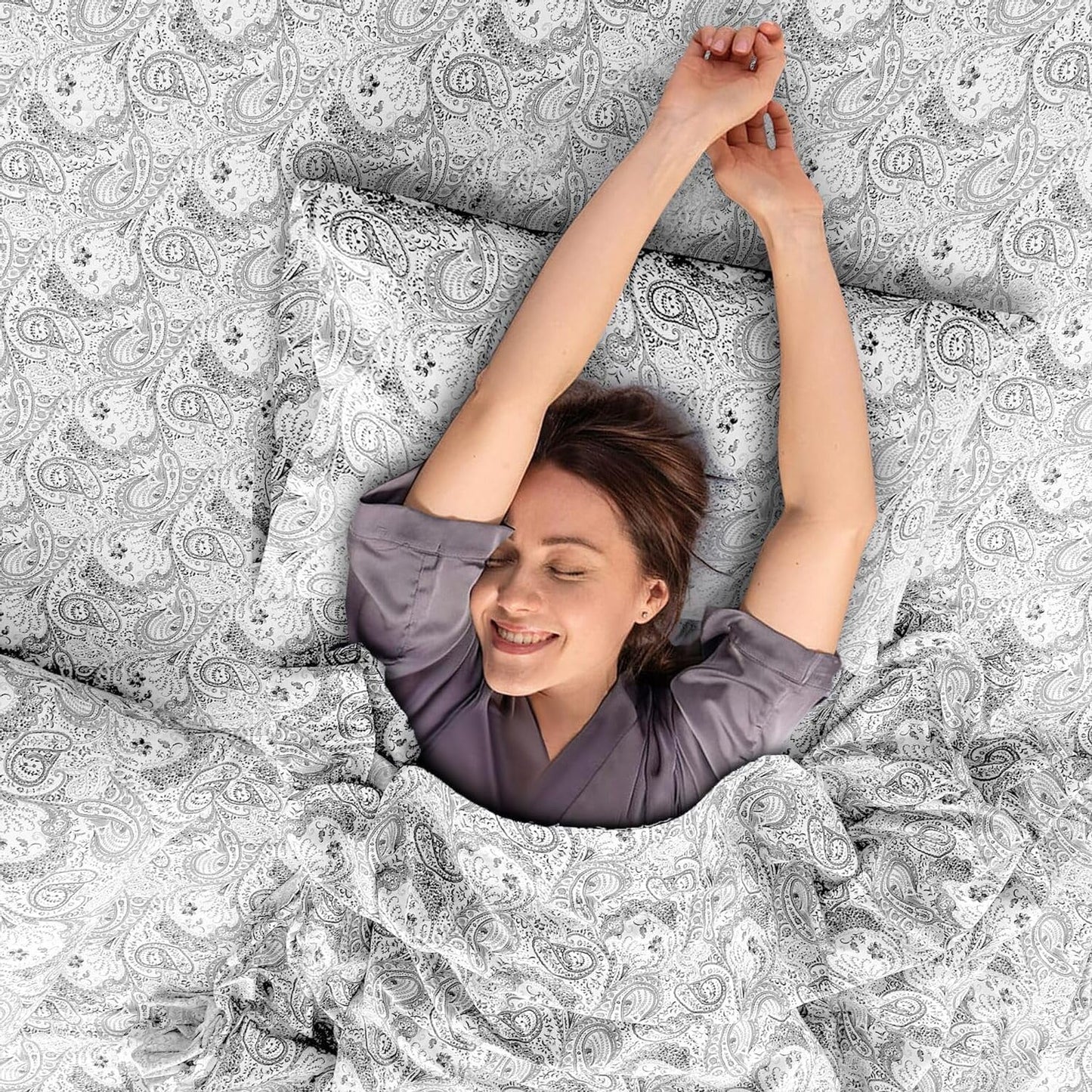 Ultra Soft Wrinkle-Free Microfiber Paisley Twin Sheet Set, Cute Floral Pattern Boho Print – 16" Deep Pocket Fitted Sheet, Flat Sheet & 2 Pillowcases, Breathable, OEKO-TEX - White/Grey