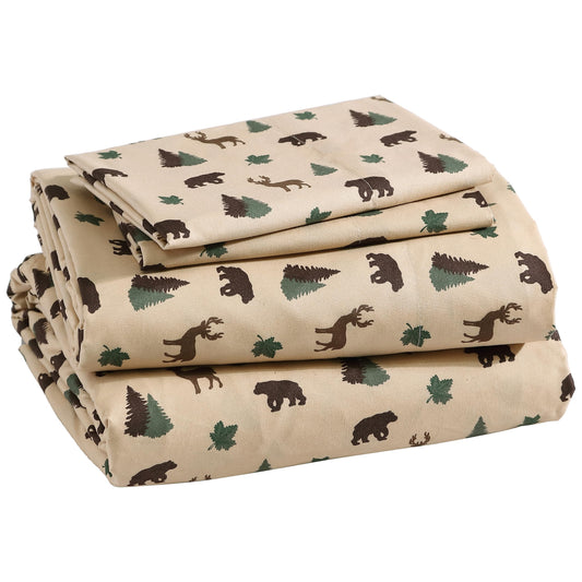 Beatrice Home Fashions Cozy Cabin 4-Piece Full Microfiber Bedding Sheet Set with Deep Pockets Rustic Patchwork Plaid Deer, Brown Tan Green