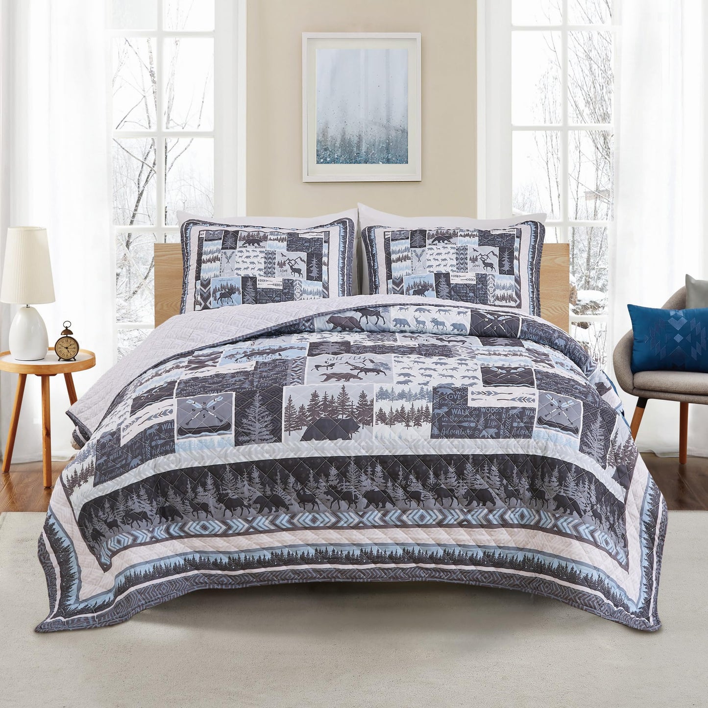 Market & Place Rustic Quilts Full/Queen Size | 3-Piece Cabin Comforter Set with Shams | Reversible Lodge Wildlife Bedding for All Season | Denali Collection (Full/Queen, Wildlife Woods)