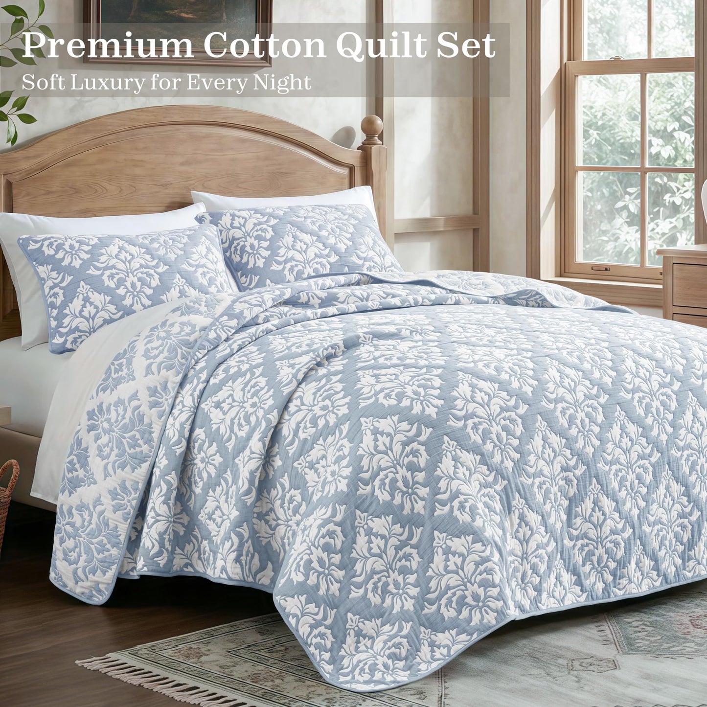 Exclusivo Mezcla Cotton Quilts King Size Blue, Soft Lightweight Bedspread Breathable Prewashed Bed Coverlet with 2 Pillow Shams, Boho Pattern Yarn Dyed Muslin Quilt Bedding Set for All Seasons