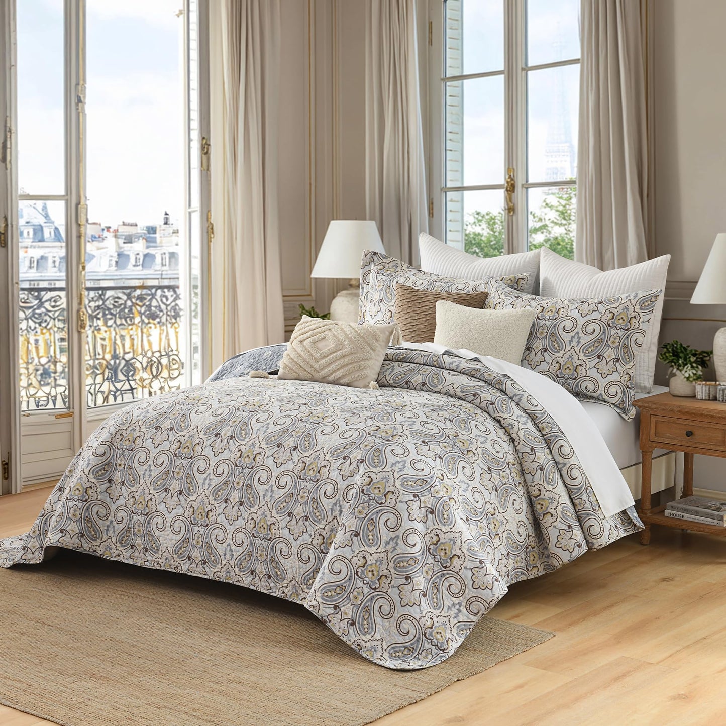 BCOTTOND Blue Paisley King Size Quilt Set - Reversible Paisley Brown Floral Quilts King Size, 100% Cotton Lightweight Bedspread Set, Luxury Quilt Bedding Set for King Bed, Light Blue, 106×98