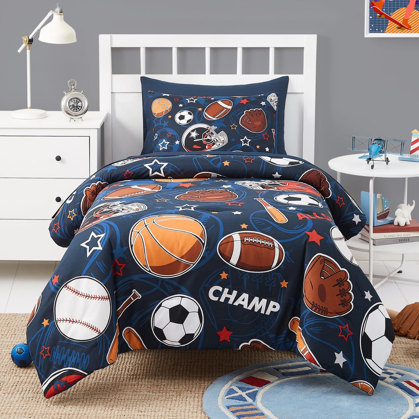 Kaleido Space Twin Kids Comforter Set - 5 Pieces Twin Bedding Sets for Boys Teen, Glow in The Dark Sports Ball Games Bed in A Bag with Sheets