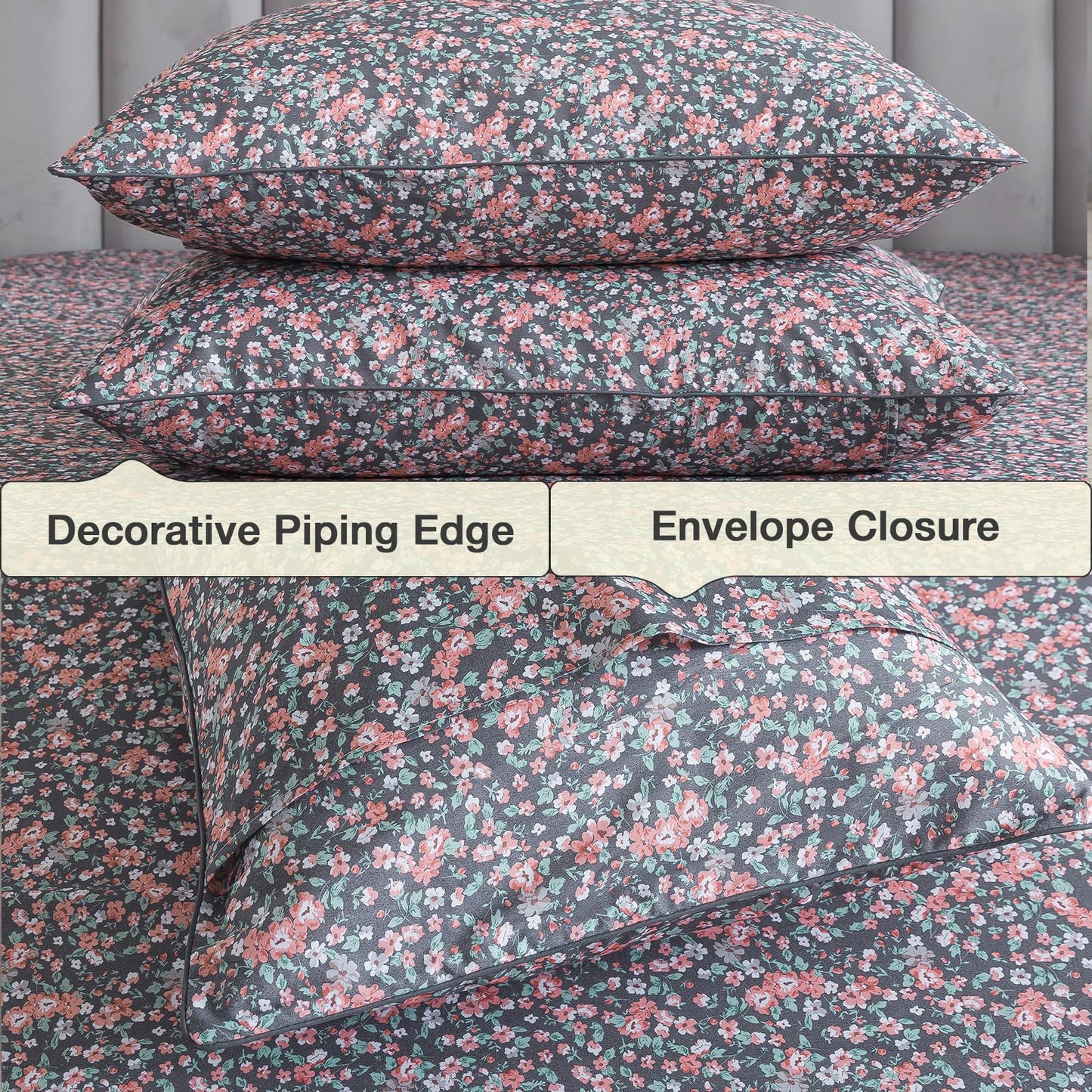 Puralens Dark Grey Vintage Floral Duvet Cover, King 100% Cotton Percale Pink Flower Comforter Cover Set, Shabby Chic Reversible Toile Bed Cover Set with Ties, Luxury Farmhouse Zipper Bedding, 3Pcs