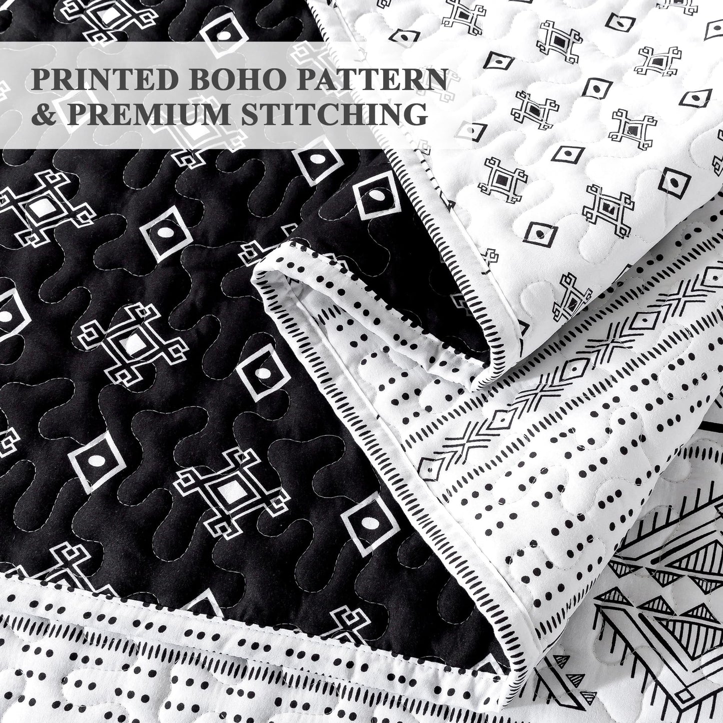 Andency Black White California King Quilt Set, 3 Pieces Boho Lightweight Soft Striped Cal King Bedspread for All Season (112"x104"), Printed Bohemian Polyester Reversible Coverlet Comforter Sets
