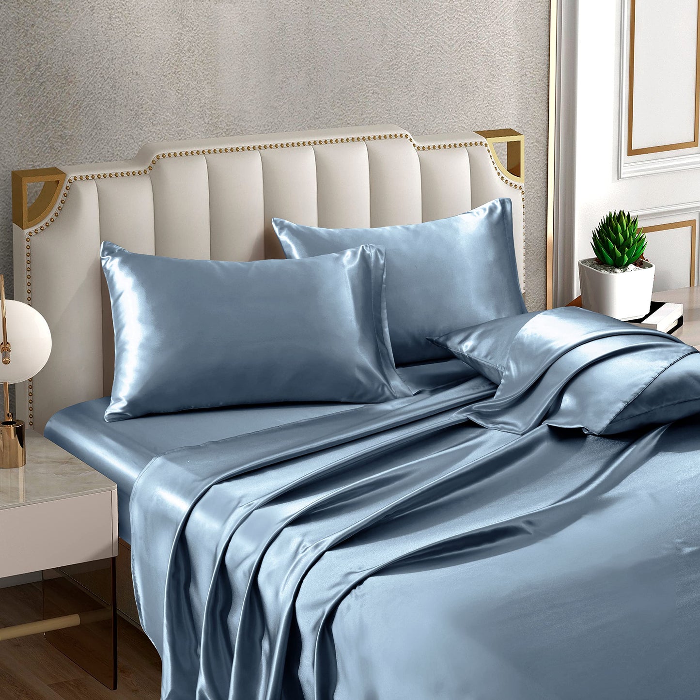 Horbaunal 4 Piece Satin Sheet Set Twin Size Luxury Silky & Soft Dusty Blue Satin Twin Bed Sheet Set with 16" Deep Pocket, 1 Fitted Sheet, 1 Flat Sheet, 2 Pillowcases