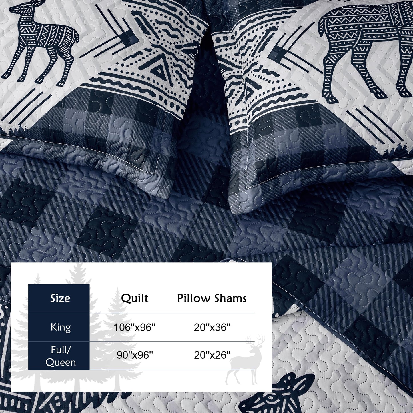 3 Piece Cabin Full/Queen Quilt Sets Farmhouse Rustic Reversible Microfiber Soft Lightweight Bedspread Comforter with 2 Shams Patchwork Country Lodge Bedding Quilts Set for All Season, 90''x96'', Blue