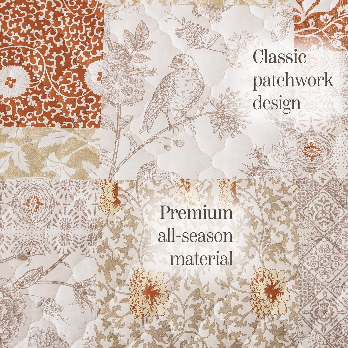 BLOOMHAVEN Quilt Set Queen Size, Patchwork Terracotta Floral Quilt Sets, Reversible Bedspread Lightweight and Breathable for All Seasons, Soft Quilted Bedspread with 2 Pillow Shams