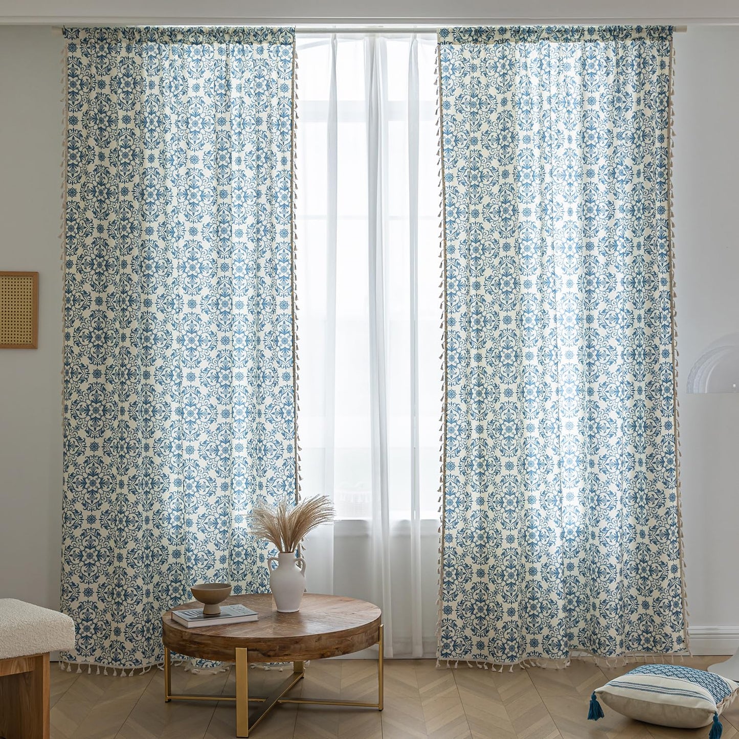 Erbnaryx Blue Floral Curtains 72 Inches Long, Boho Farmhouse Light Filtering Rod Pocket Drapes with Tassel Trim for Bedroom Living Room, 2 Panels
