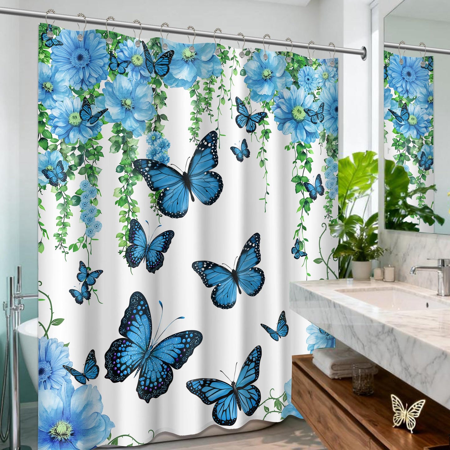 Pdvbiee Blue Butterfly Flower Shower Curtain, 70 X 72 Inch