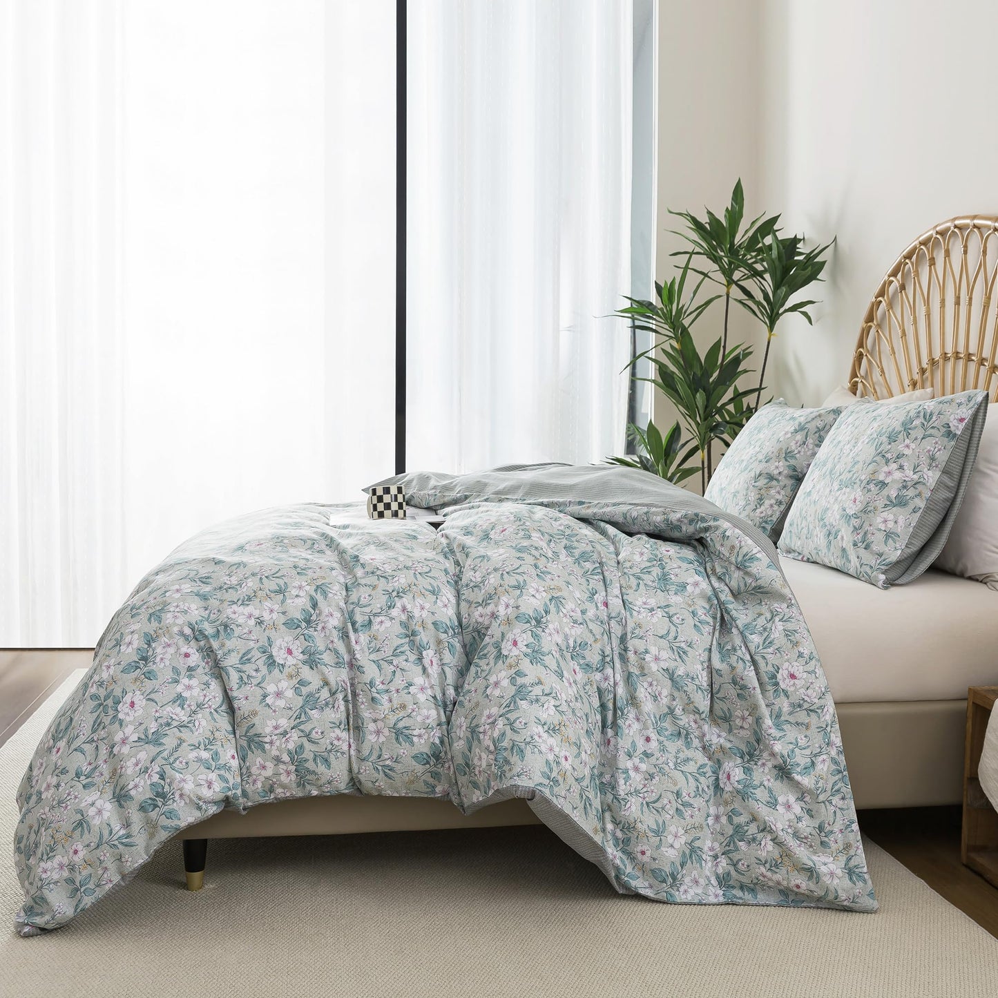 HoneiLife Botanical Duvet Cover King - 100% Cotton Comforter Cover 3-PC, Floral Bedlinen Set with Zipper Closure & Corner Ties, Wildflower Comforter Cover Sets, Greenery