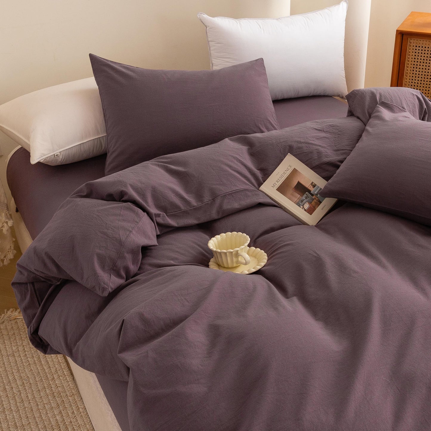 ECOCOTT Lilac Purple Duvet Cover Queen, 100% Washed Cotton 3 Piece Duvet Cover Sets 1 Duvet Cover with Zipper and 2 Pillowcases Bedding Set(Lilac Purple,Queen)
