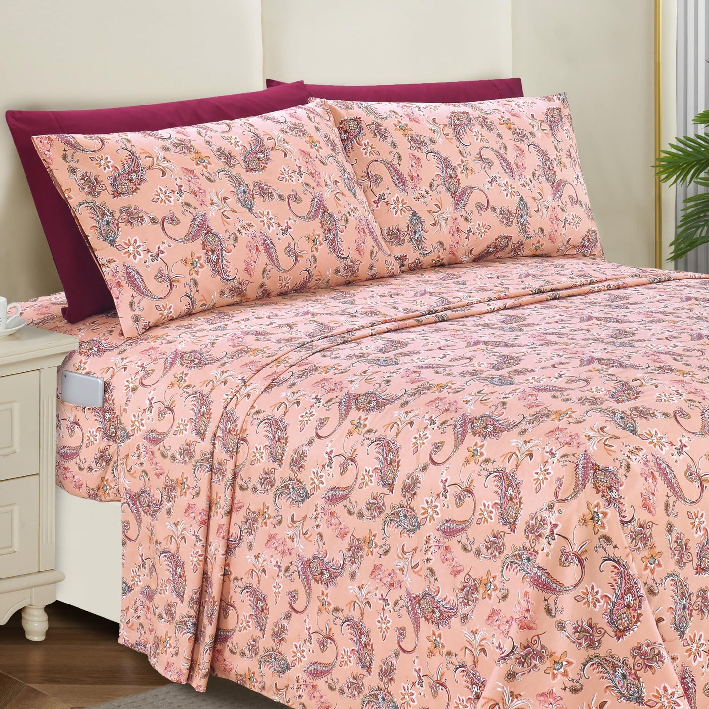 Elegant Comfort Softest and Coziest 6-Piece Sheet Set - 1500 Premium Hotel Quality Microfiber - Deep Pocket, Wrinkle Resistant 6-Piece Paisley Pattern Bed Sheet Set, Queen, Paisley Coral