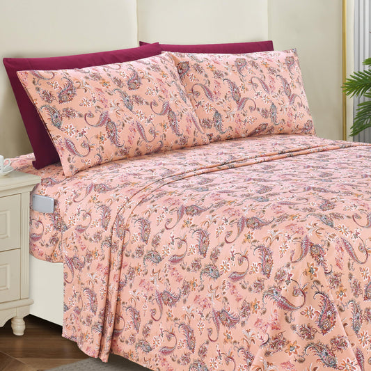 Elegant Comfort Softest and Coziest 6-Piece Sheet Set - 1500 Premium Hotel Quality Microfiber - Deep Pocket, Wrinkle Resistant 6-Piece Paisley Pattern Bed Sheet Set, Queen, Paisley Coral