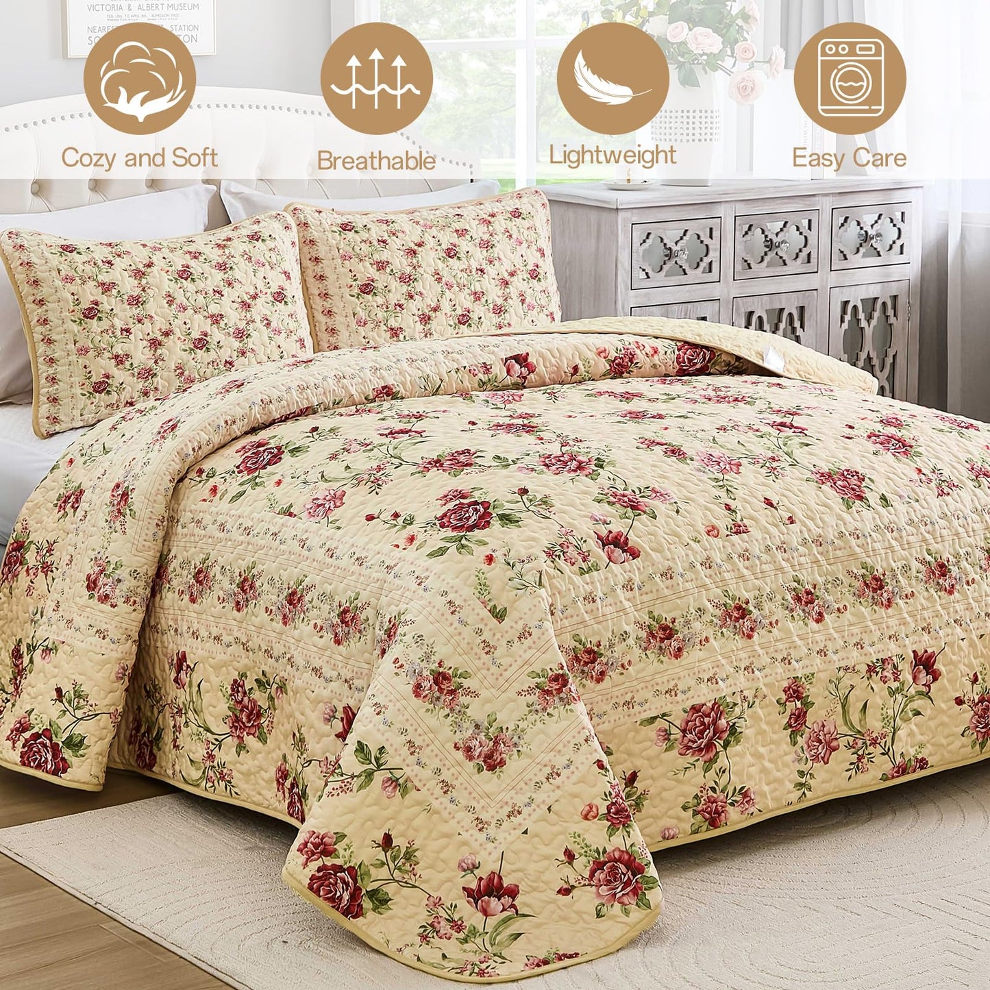 Xruibed Beige Quilt Set Queen Size, 3PCs Antique Rose Beige Bedspread Coverlet Set, Lightweight Soft Microfiber Floral Quilt Set with 2 Pillowcases for All Season (Queen Size 96"x90")