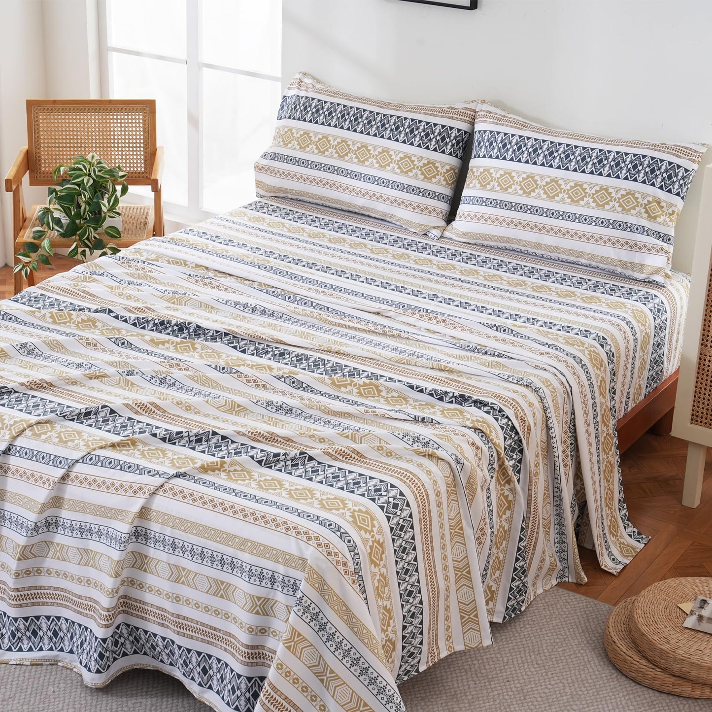 Yibeizi Striped Printed Sheet Set King, Boho Pattern Bed Sheets Fall Bedding Sheets & Pillowcases Soft Microfiber 15" Extra Deep Pocket Fitted Bedsheet 4 Piece