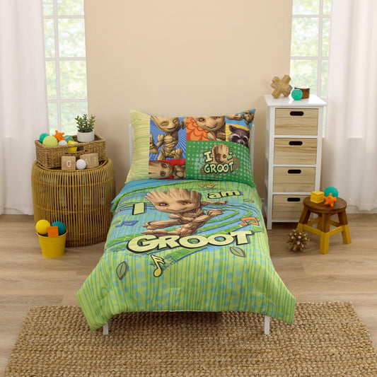 NoJo Marvel Guardians of The Galaxy I Am Groot Green and Blue 4 Piece Toddler Bed Set - Comforter, Fitted Bottom Sheet, Flat Top Sheet, and Reversible Pillowcase