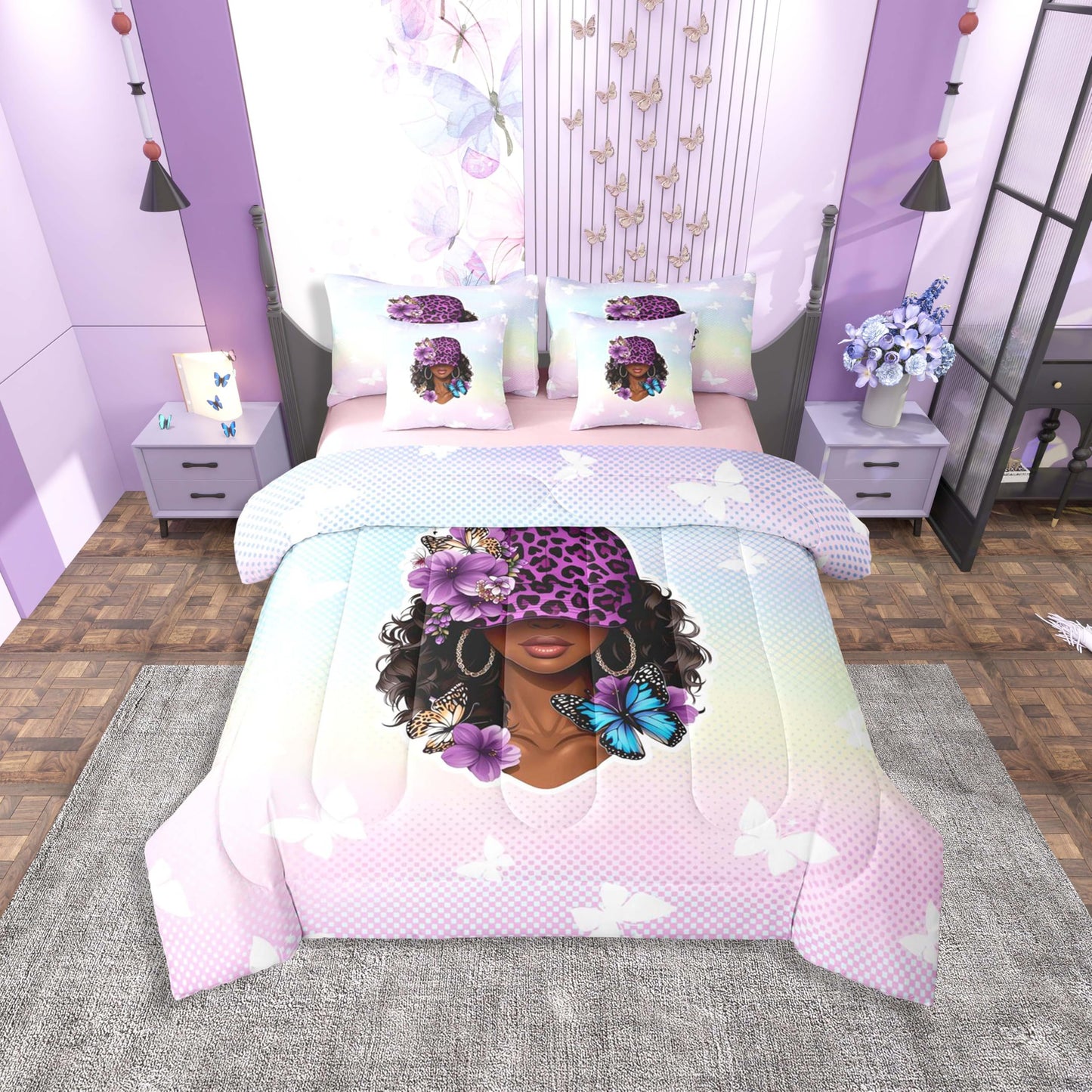 Erosebridal Y2K Black Girl Magic Twin Size Bedding Set Aesthetic Floral Butterfly 7 Pieces Comforter Set with Sheets for Women Purple Leopard Print Hat Bed in a Bag Pastel Gradient Polka Dot Bed Sets