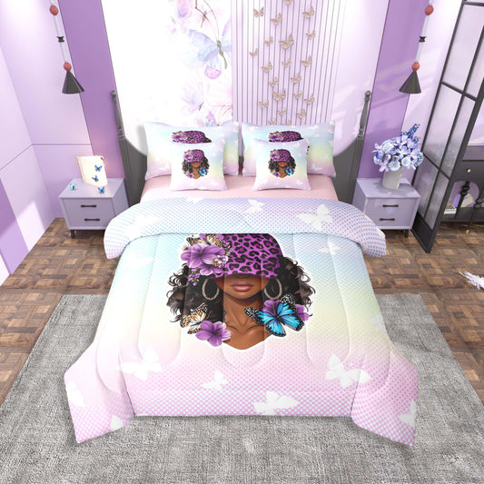 Erosebridal Y2K Black Girl Magic Twin Size Bedding Set Aesthetic Floral Butterfly 7 Pieces Comforter Set with Sheets for Women Purple Leopard Print Hat Bed in a Bag Pastel Gradient Polka Dot Bed Sets