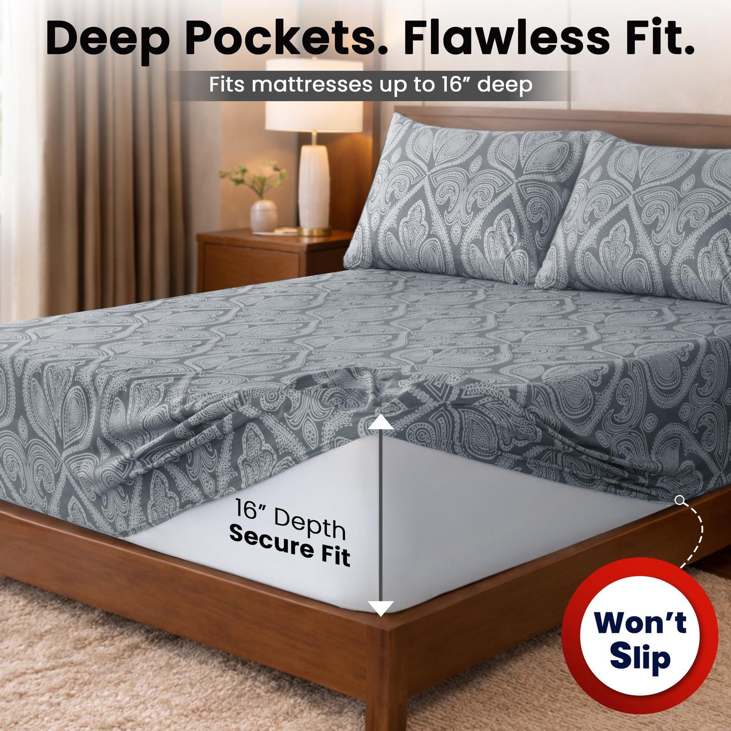 Ultra Soft Wrinkle-Free Microfiber Paisley Twin Sheet Set, Cute Floral Pattern Boho Print – 16" Deep Pocket Fitted Sheet, Flat Sheet & 2 Pillowcases, Breathable, OEKO-TEX - Grey
