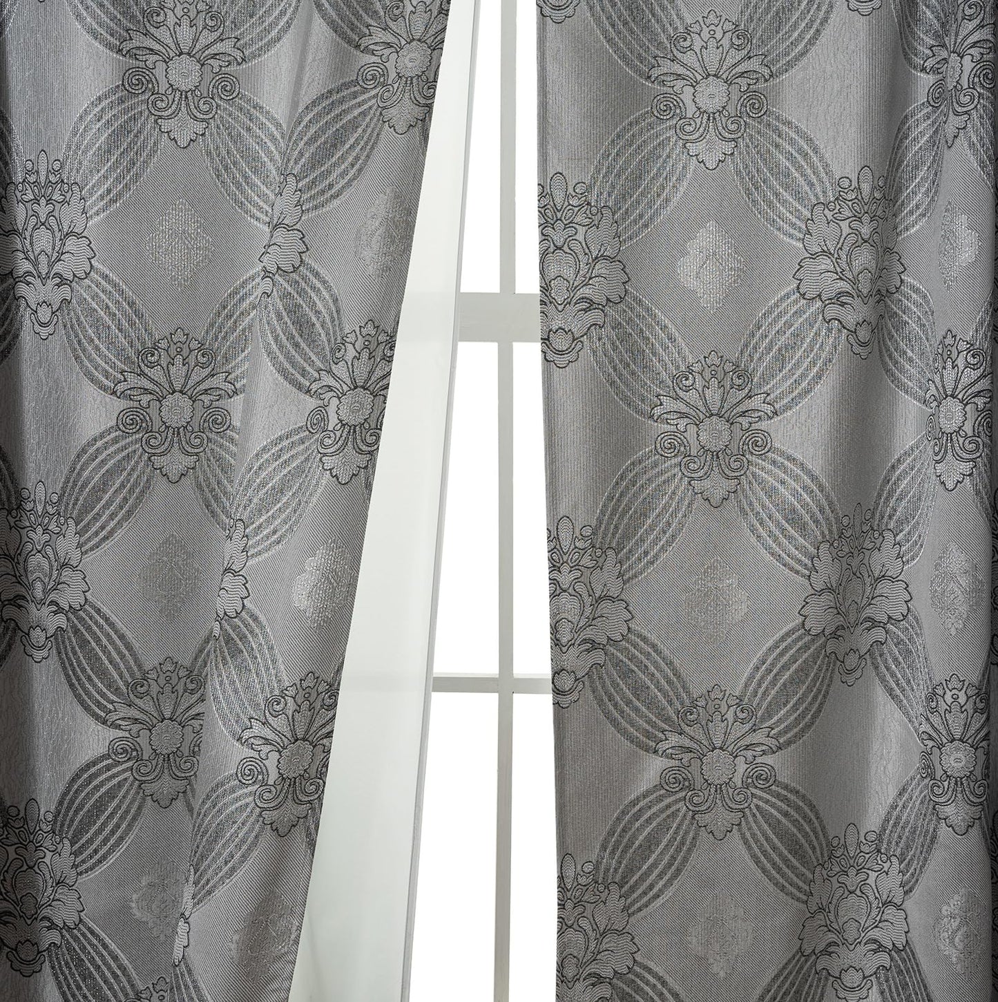 Petrichor Elegant Curtains with Gold Silver Threads 2 Panels Set - Luxury Window Treatment Attached Valance, Sheer Backing, and 2 Tie Backs for Bedroom and Living Room, 54x84 inches, Silver