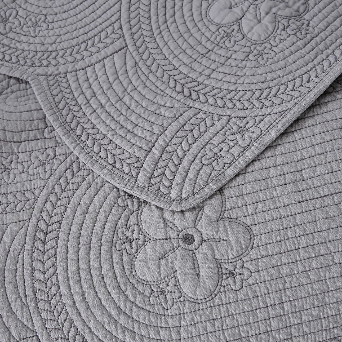 ROOMLIFE Quilt Set Queen Size 3D Floral Embroidery Pattern 3-Piece Cotton Reversible Quilted Embroidered Decorative Bedspreads Coverlet Bedding Set, Lightweight &Soft, All Season(90" X 98") Grey