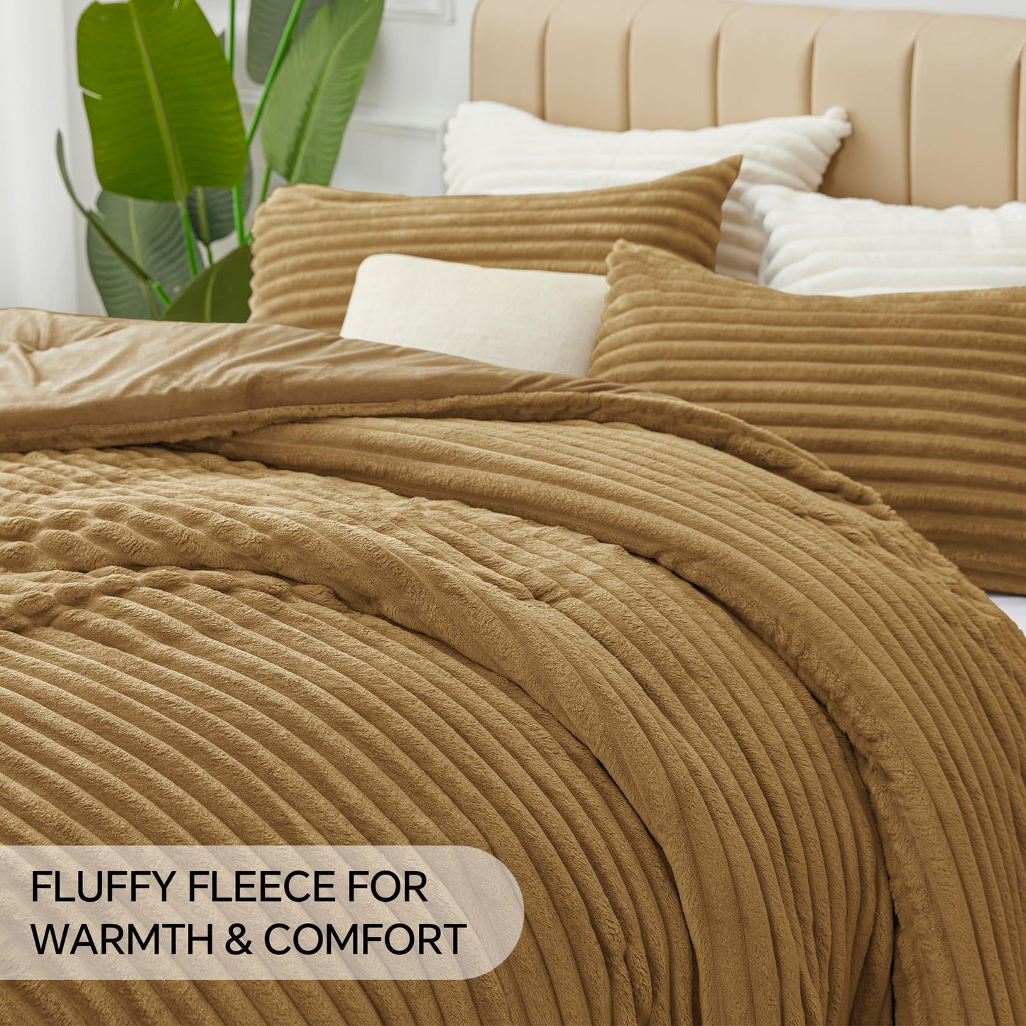 BEDELITE Fleece Queen Comforter Set -Super Soft & Warm Fluffy Brown Bedding, Luxury Fuzzy Heavy Bed Set for All Season with 2 Pillow Cases
