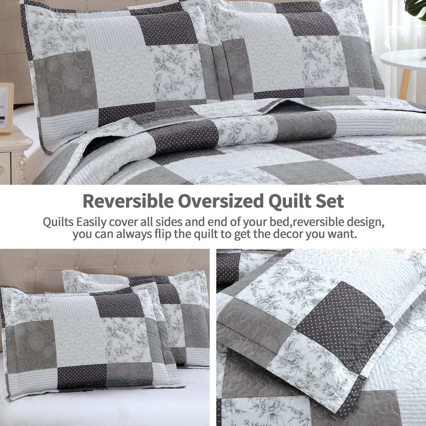 Morden Lightweight Queen Bedspread - Floral & Plaid Reversible Quilt Set - Grey & Black White Paisley & Floral Pattern