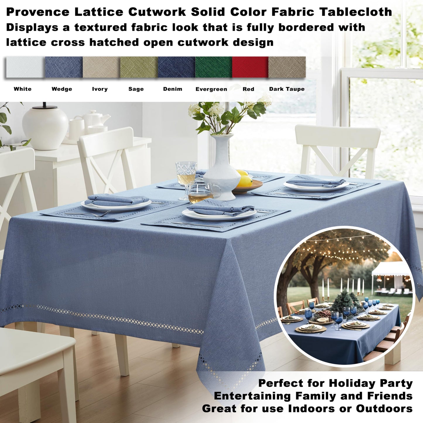 Newbridge Fabric Square Tablecloth, 52 x 52 Inch, Provence Lattice Cutwork Solid Color Textured, Water and Stain Resistant Easy Care Table Cloth for Parties, Wedgewood Blue
