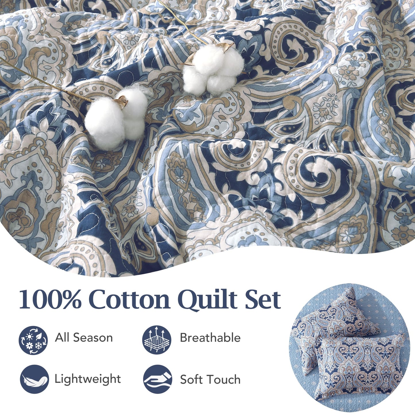BCOTTOND Blue Paisley Queen Size Quilt Set - Reversible Paisley Beige Floral Quilts Queen Size, 100% Cotton Lightweight Bedspread Set, Luxury Quilt Bedding Set for Queen Bed, Navy Blue, 90×98