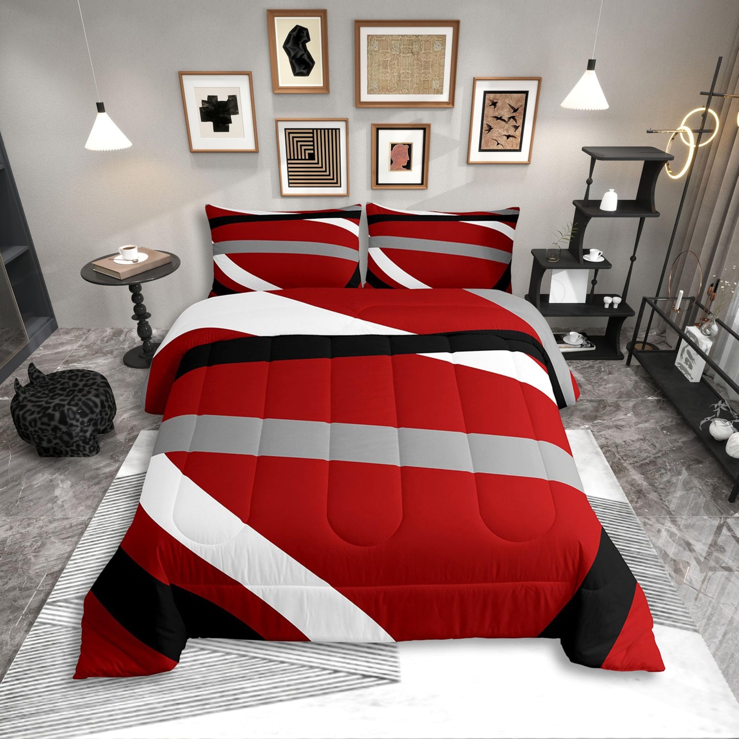 Erosebridal Red Gray Black Striped Queen Comforter Set for Adult Women Men Modern Abstract Bedding Set Geometric Lines Bed Set Aesthetic Boho Quilt Set