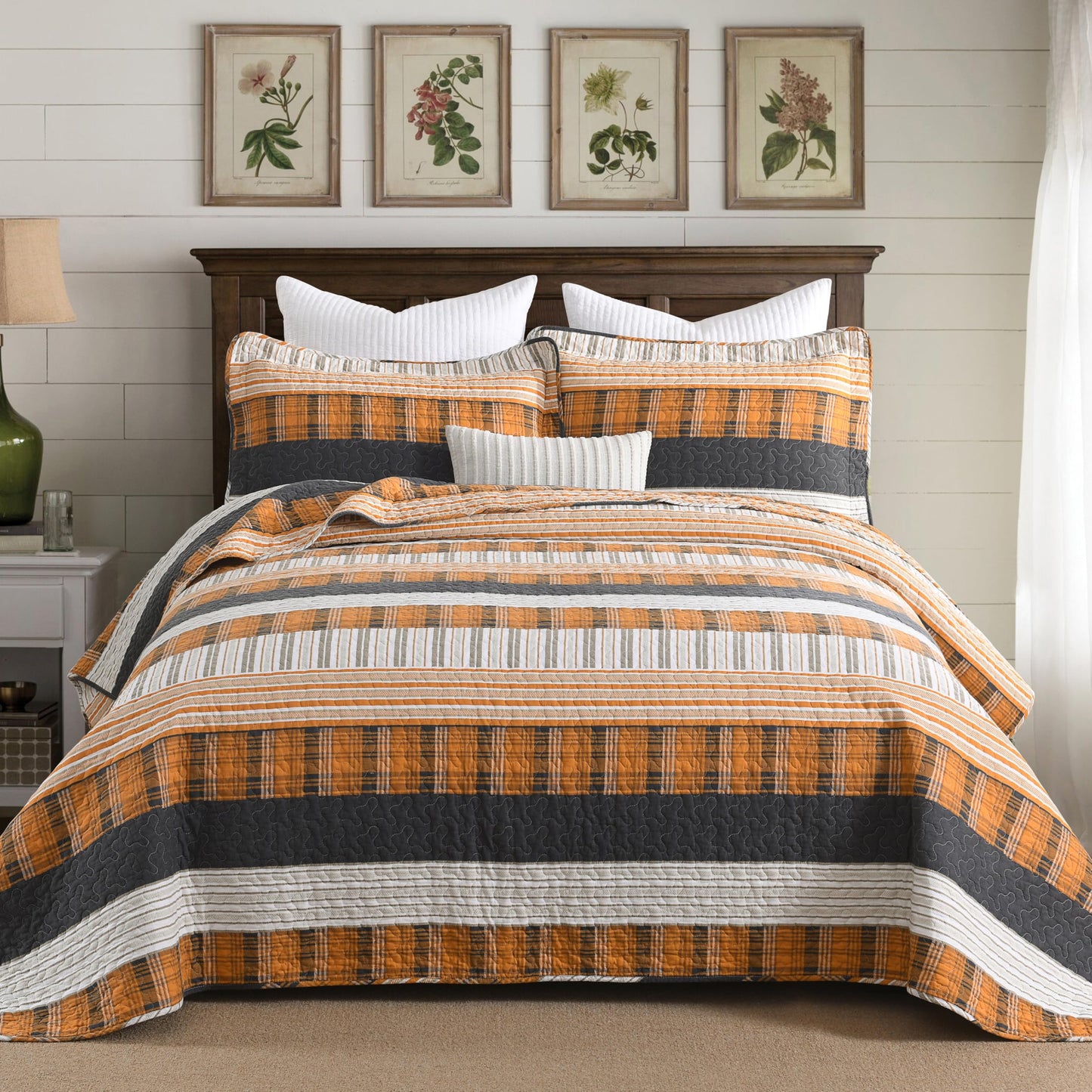 Homzard 100% Cotton King Size QuiltSet,Lightweight Striped Plaid Orange Black Quilts Bedspread Set,Farmhouse Neutral Bedding Comforter Set 3 Pieces Bed Set King