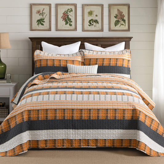 Homzard 100% Cotton King Size QuiltSet,Lightweight Striped Plaid Orange Black Quilts Bedspread Set,Farmhouse Neutral Bedding Comforter Set 3 Pieces Bed Set King