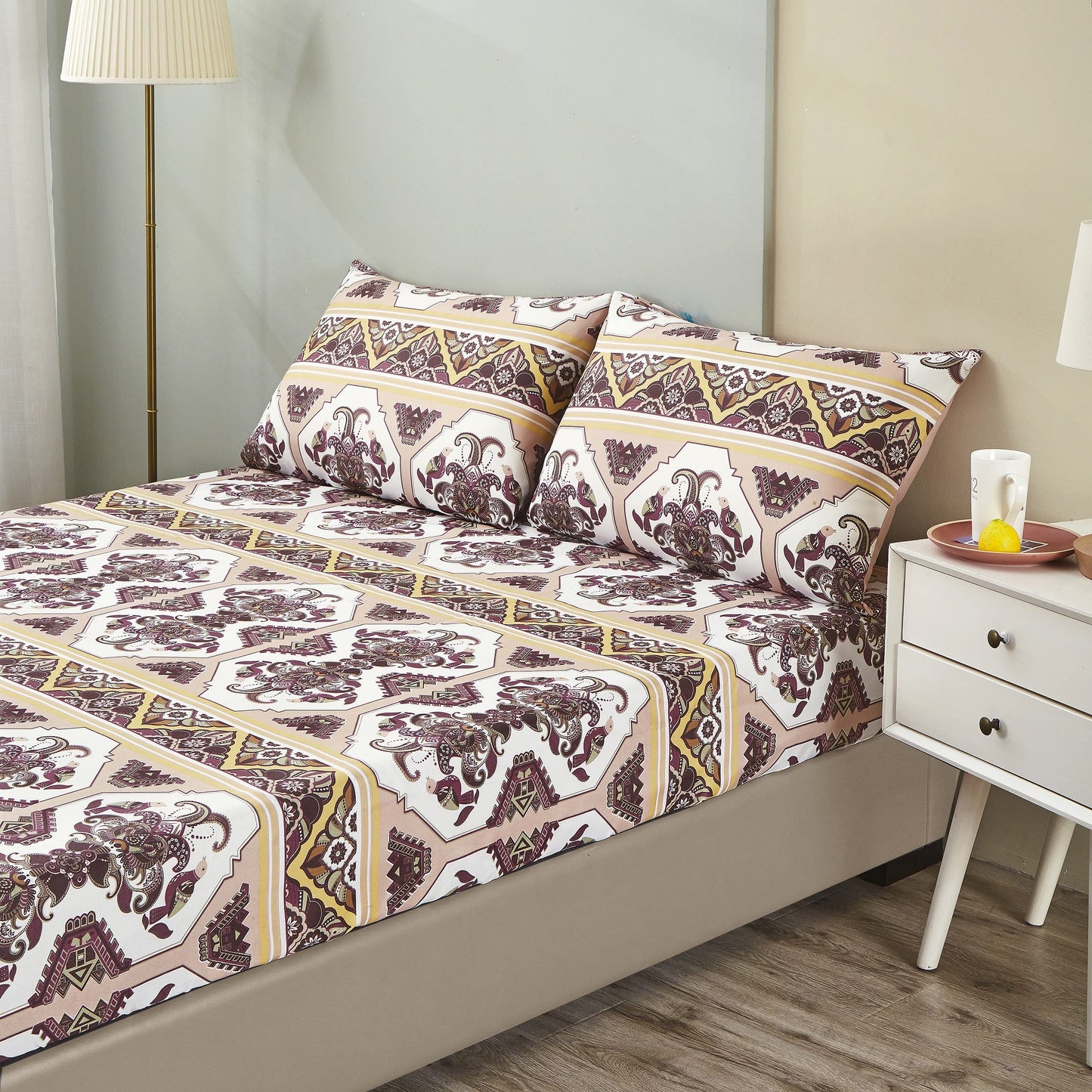 DaDa Bedding Farmhouse Bohemian Fitted Sheet - w/Pillow Cases Tribal Persian Filigree Majestic Rustic Kilim Traditional Design Intricate Ornate Vintage Pink Brown - Twin - 2-Pieces