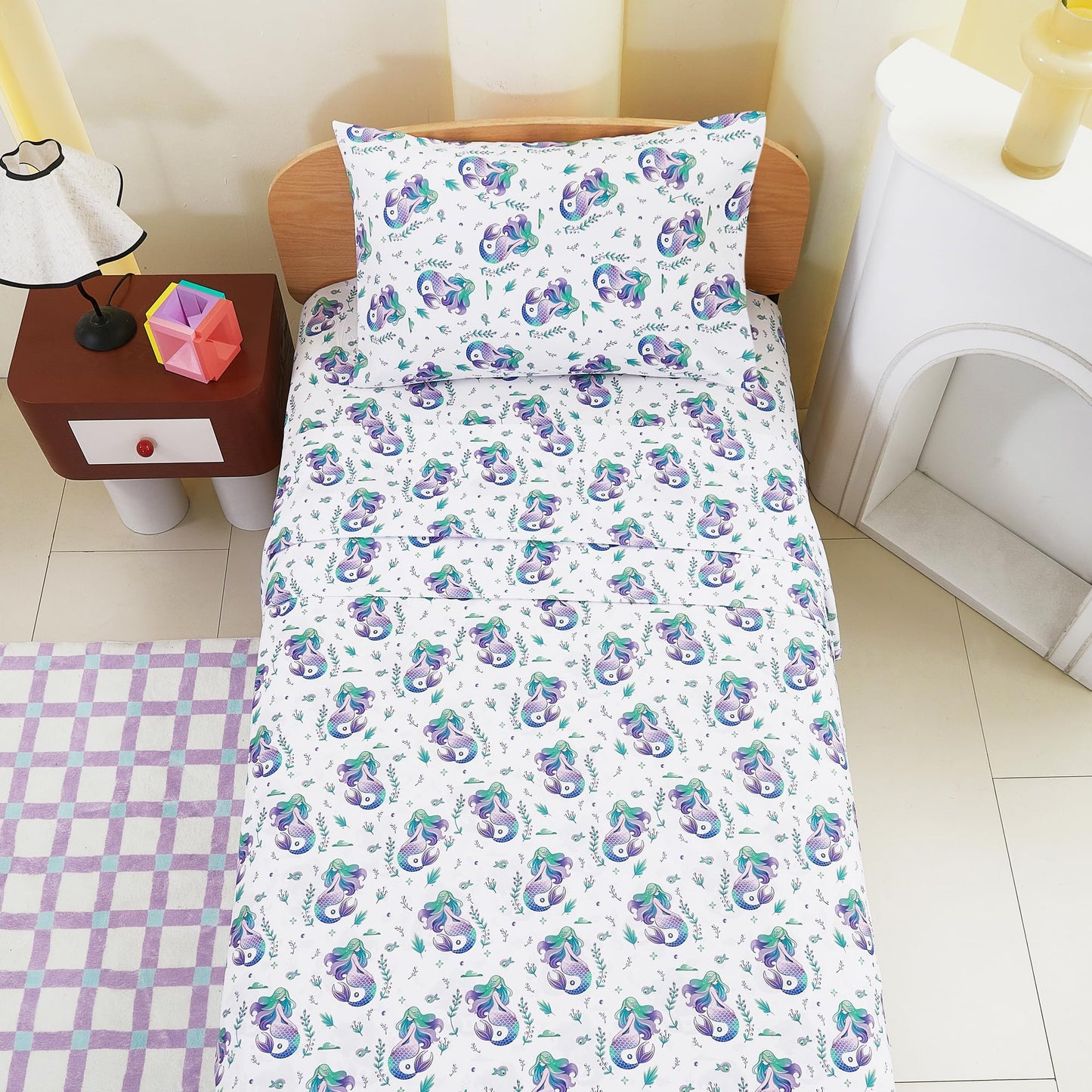 lasoftan Kids Sheet Set Twin Size, Twin Sheet Set with Mermaid Pattern，Breathable Silky Soft Microfiber Kids Fitted Sheet