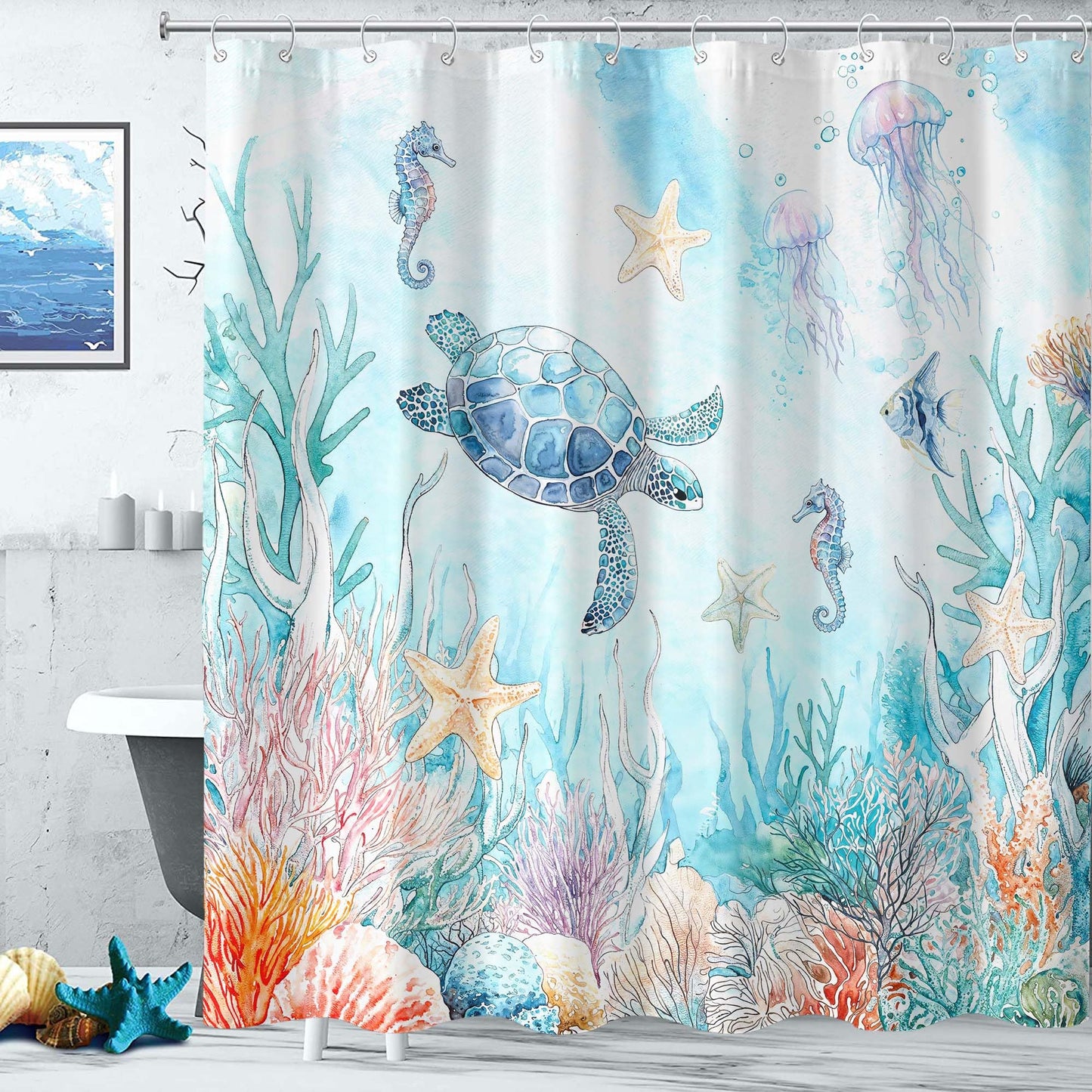 Sea Turtle Shower Curtain Sets Blue Turtles Coastal Shower Curtains for Bathroom Jellyfish Shell Coral Octopus Beach Ocean Style Aesthetics Decor Waterproof Fabric 72 x 72 inch with Hooks (Blue 9)