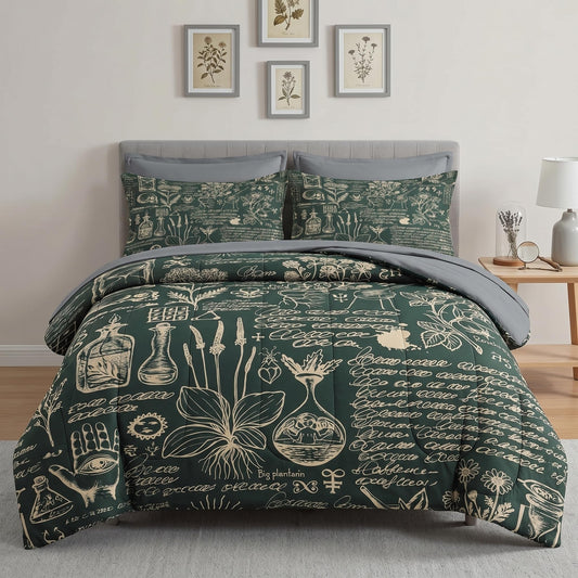 Pamnest Comforter Set Queen Size, Retro Herbs 7 Pcs Bedding for Kids and Adults, Flower Vintage Leaf Bed Sheet Sets with Fitted Sheet 2 Pillowcases & 2 Shams for Bedroom Bed Decor