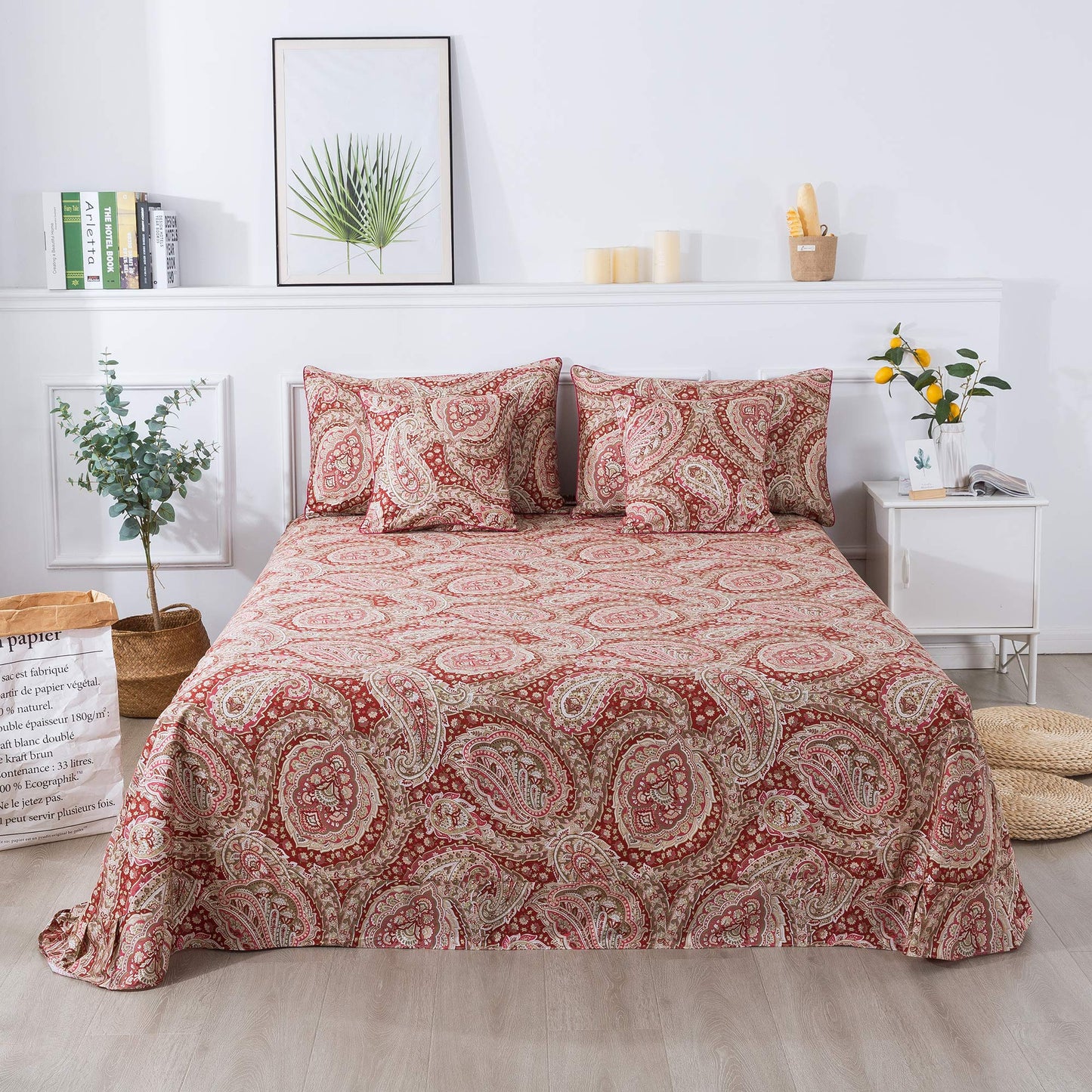 FADFAY Luxury Paisley Sheets Set King Classy Red and Gold Floral Farmhouse Bedding Elegent Red Paisley Bedding Set 100% Cotton Super Soft Hypoallergenic Deep Pocket Fitted Sheet 4-Pieces, King Size