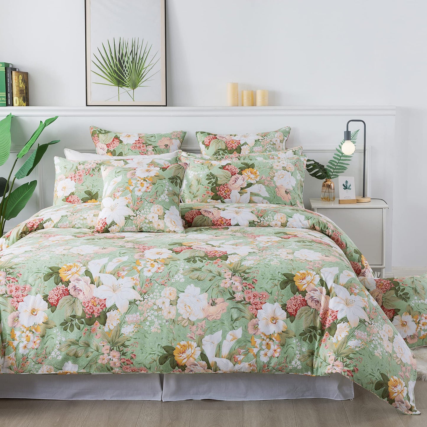 FADFAY Floral Duvet Cover Set Full 100% Cotton Girls Bedding 600 TC Mint Green and White Flower Elegant Lily Printed Comforter Cover Zipper Corner Ties Soft Bed Cover 3 Pcs
