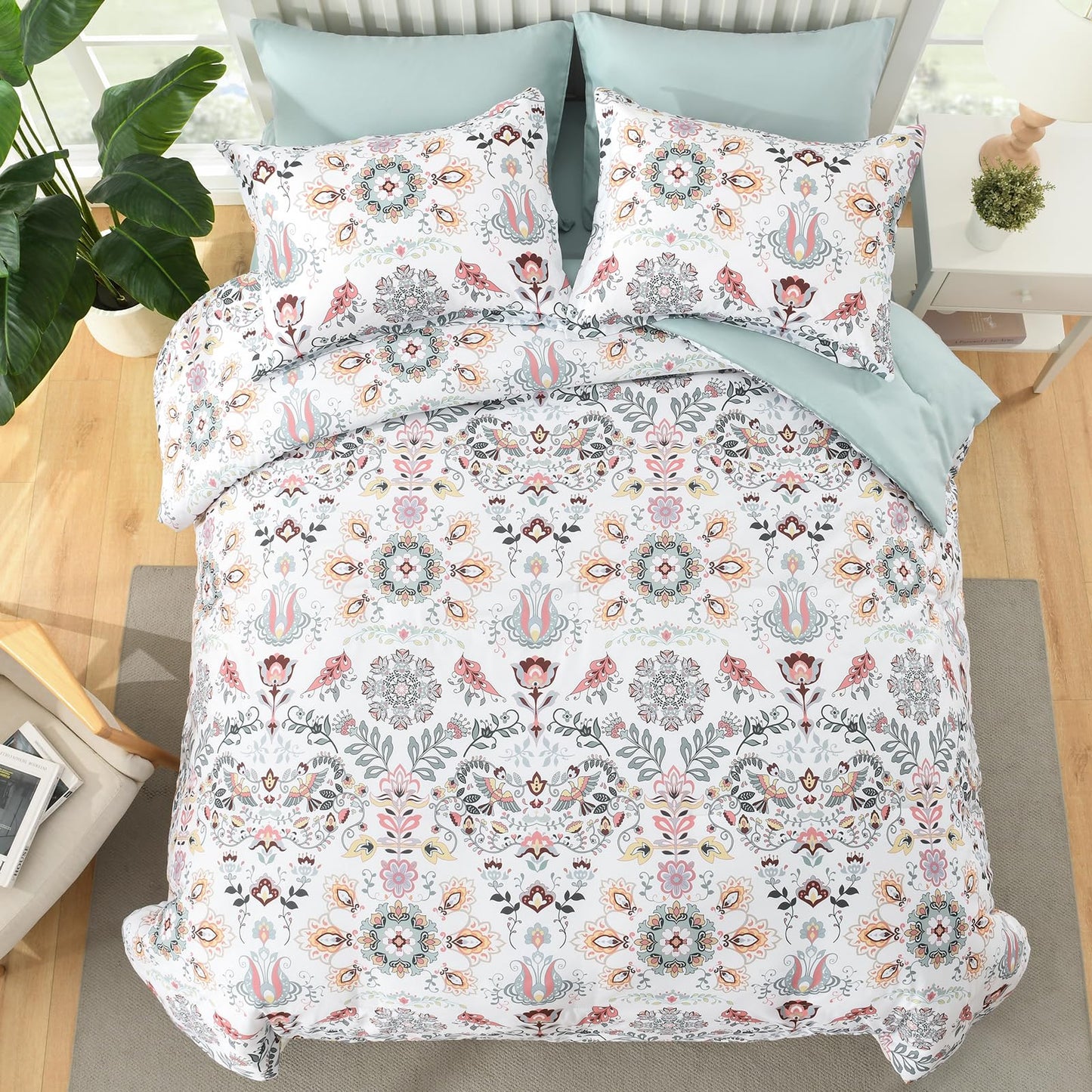 Boho Comforter Set Queen - 7 Pieces Bed in a Bag Floral Design, Bohemian Comforter Set with Sheets, Soft Microfiber Complete Bedding Sets All Season (Light Green, Queen)