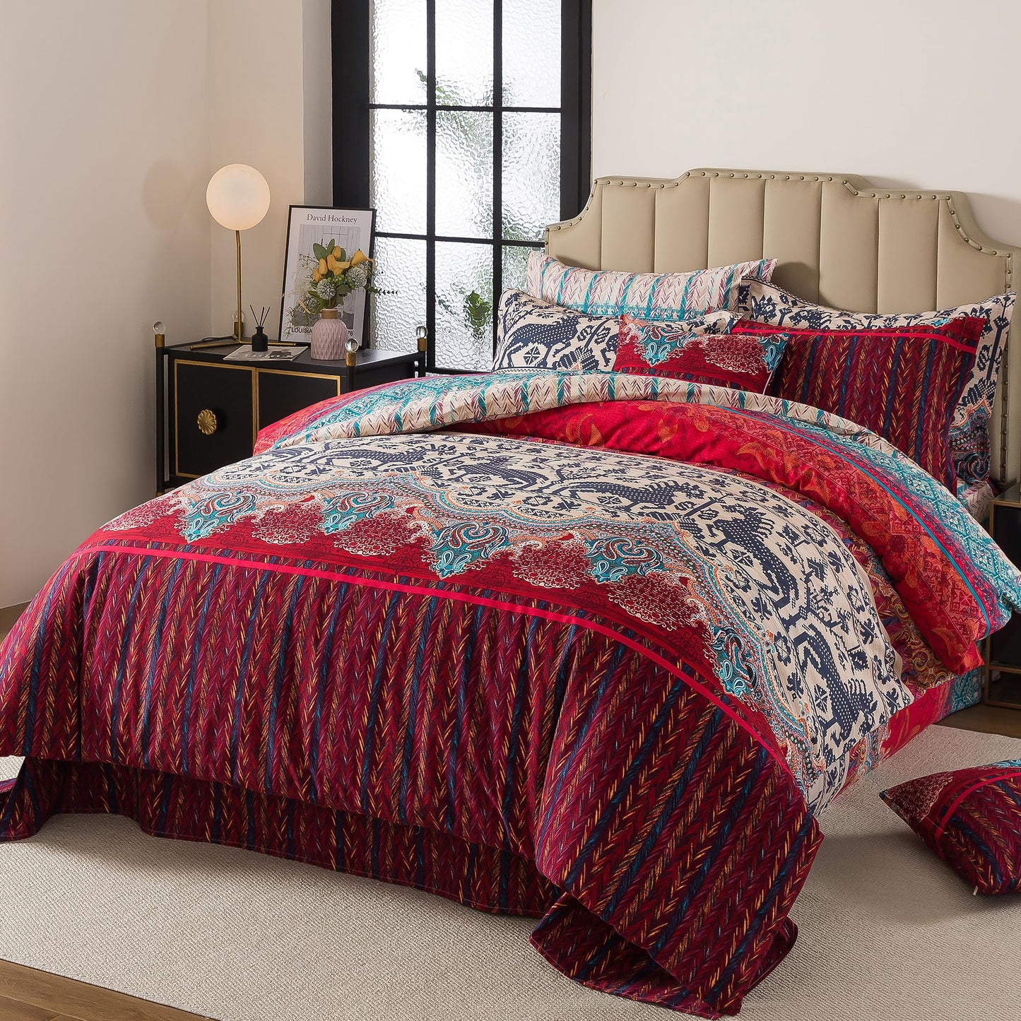 FADFAY Exotic Boho Duvet Cover Set King/California King 100% Brushed Cotton Soft Bohemian Bedding Paisley Ethnic Colorful Bedding Reversible Tribal Zipper Bed Comforter Cover + 2 Pillowshams, 3Pcs