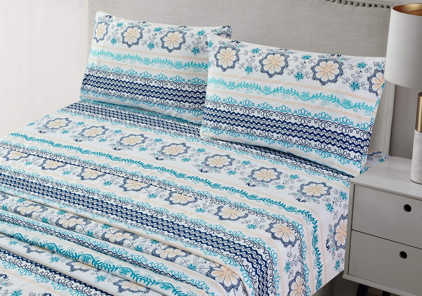 JSD Blue Boho Printed Sheet Set Queen Size, 4 Piece Soft Floral Microfiber Sheets Extra Deep Pocket