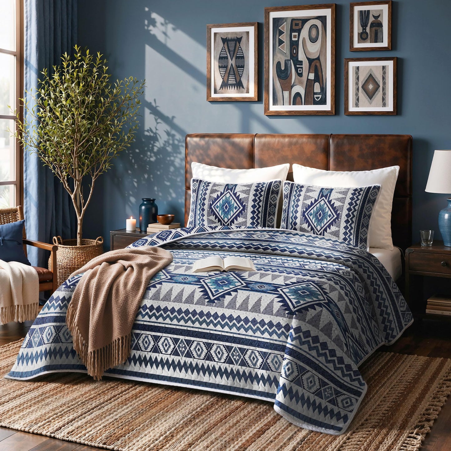 akkialla Reversible Blue Boho Queen Quilt Set, 2-Piece Bohemian Aztec Microfiber Bedspread, Soft Lightweight All-Season Coverlet (1 Quilt, 2 Shams)