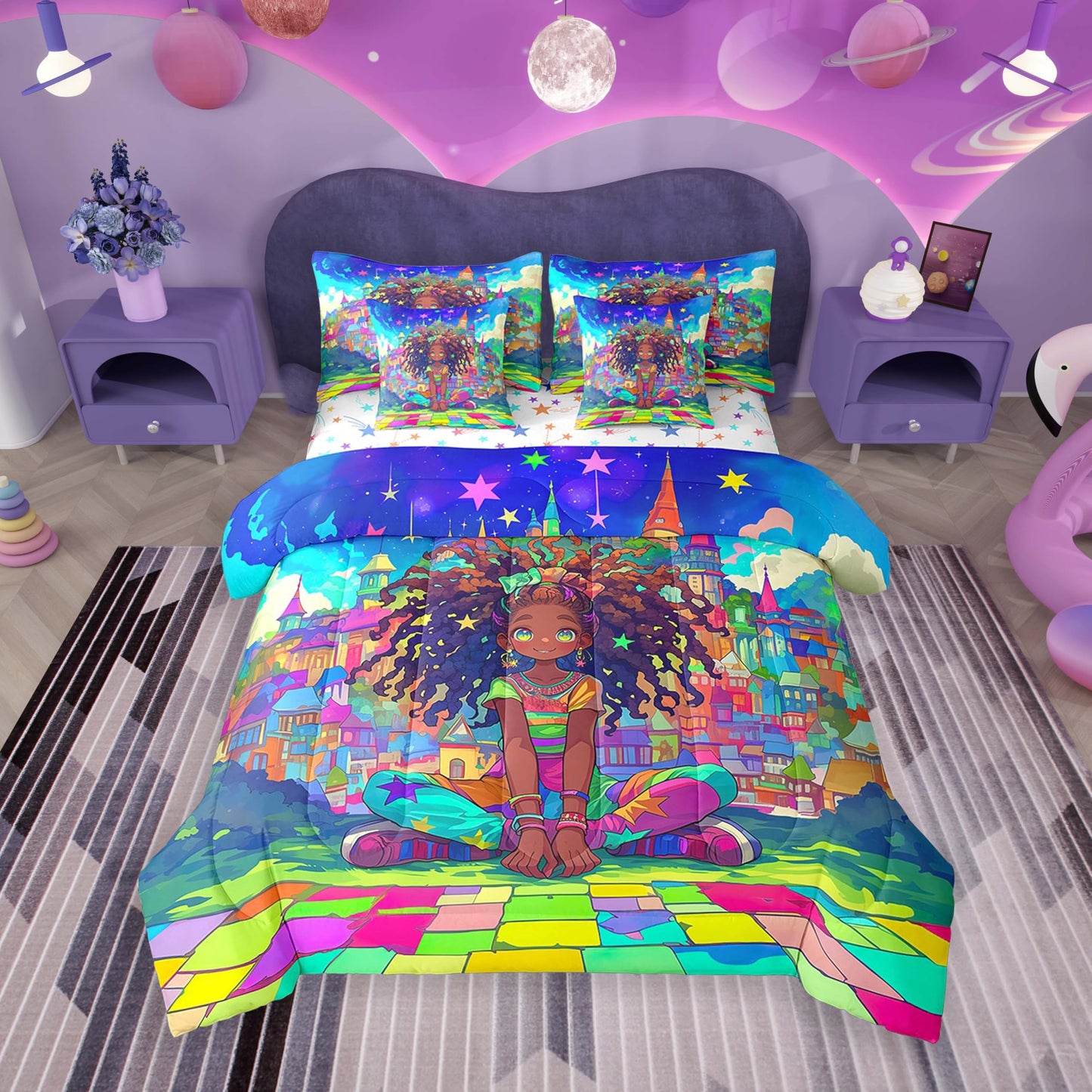jejeloiu Kids Cute Black Girl Comforter Set 7 Pieces Full Size African American Girl Bedding Set Star Print Bed in a Bag with Comforter, Sheets, Pillowcases & Cushion Covers（No Glitter）