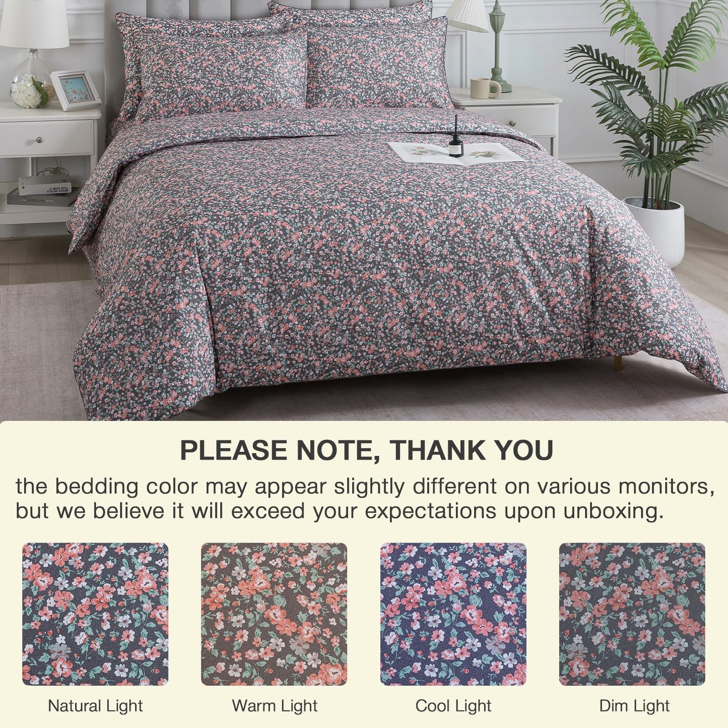 Puralens Dark Grey Vintage Floral Duvet Cover, King 100% Cotton Percale Pink Flower Comforter Cover Set, Shabby Chic Reversible Toile Bed Cover Set with Ties, Luxury Farmhouse Zipper Bedding, 3Pcs