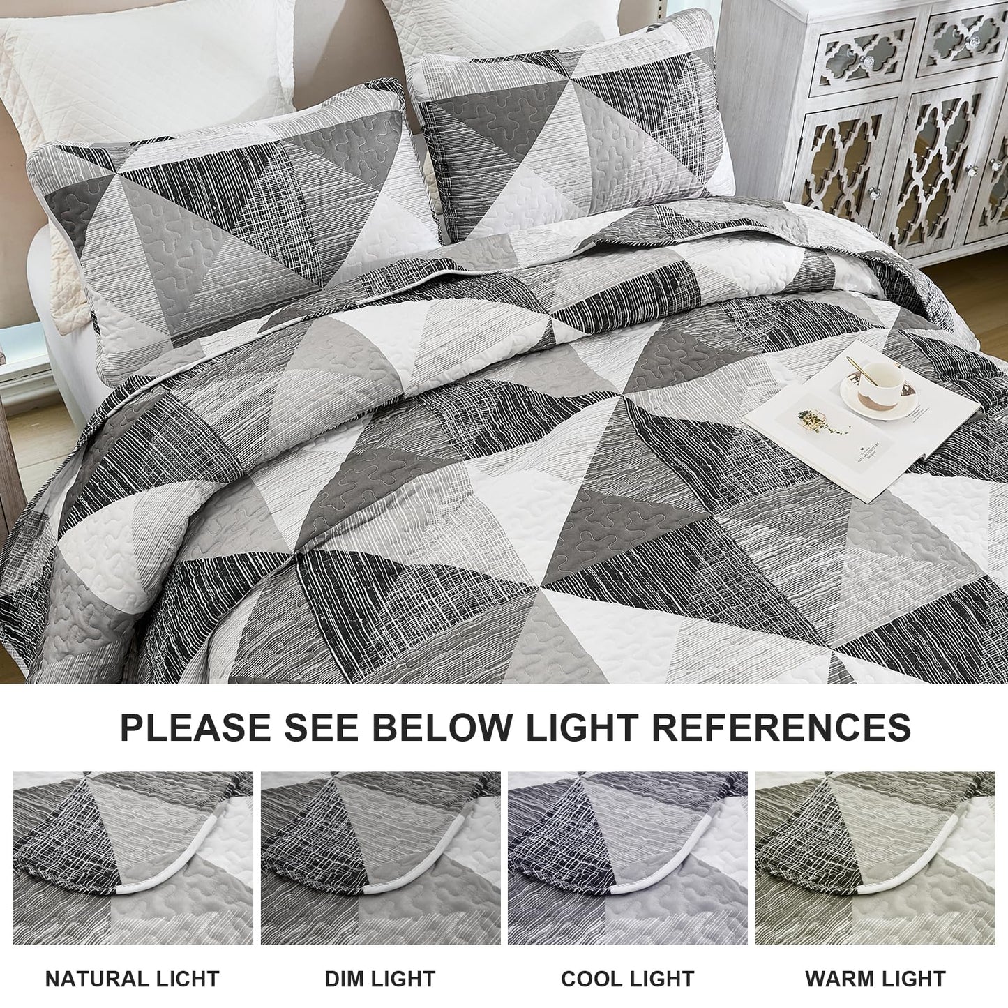 Dintszyayue Quilt Queen Size Grey, 3 Pieces Patchwork Bedspread Bedding for Queen Size Bed, Soft Lightweight Microfiber Geometric Coverlet Set for All Season Quilt with 2 Pillowcases