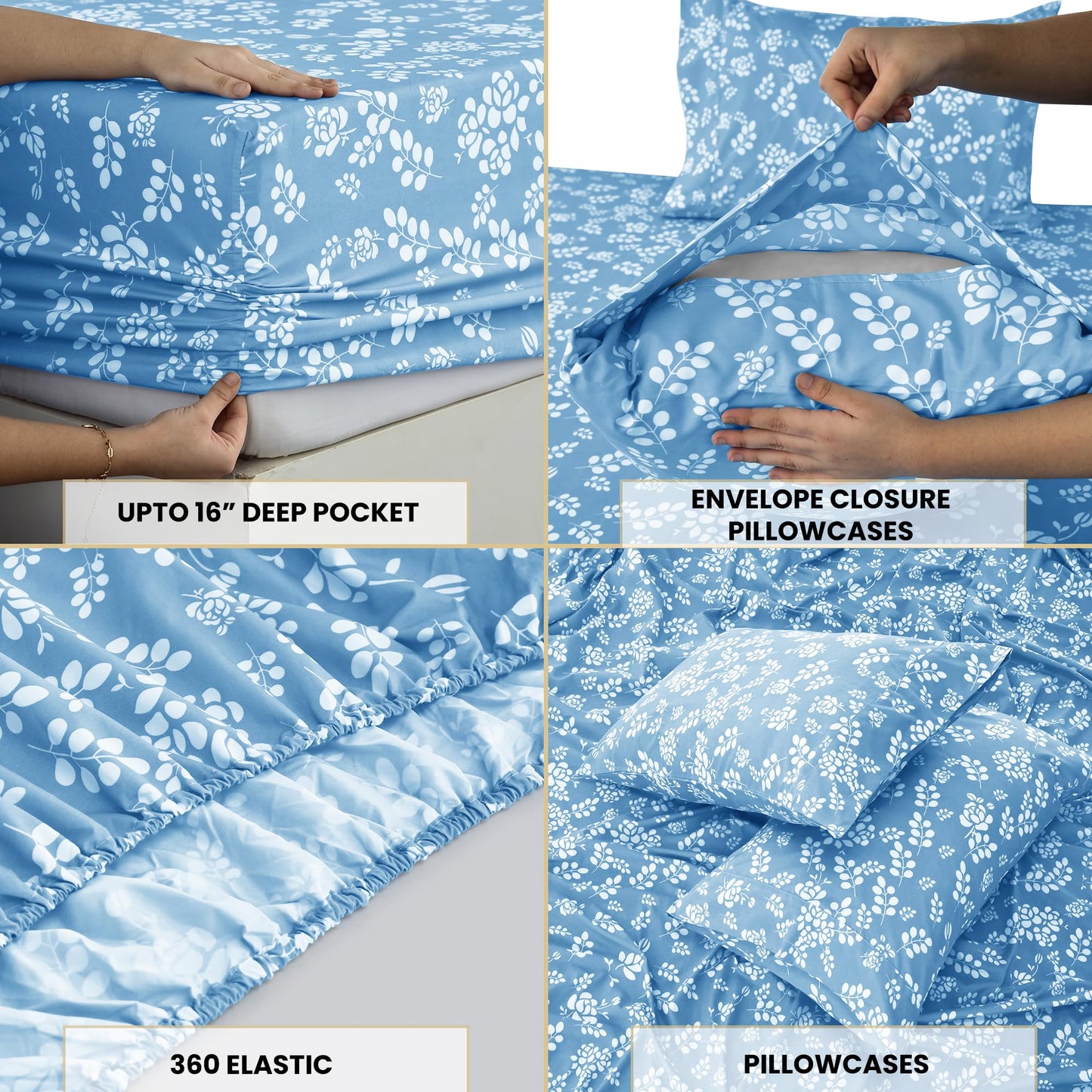 LUX Décor Floral Twin Sheet Set - 3 Piece Ultra-Soft Microfiber Bed Sheets with Flat Sheet, 16 Inches Deep Pocket Fitted Sheet & Pillowcases, Breathable, Bedroom Decor, Oeko-TEX - Blue
