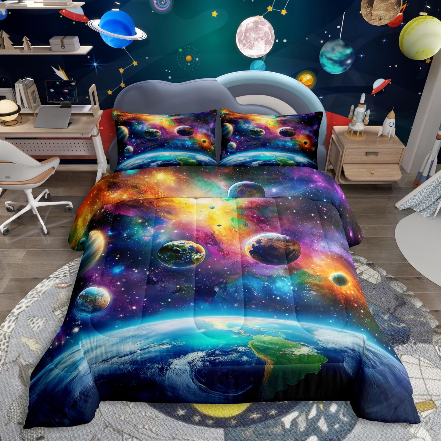 Feelyou Universe Galaxy Comforter Set Twin Size Kids Planets Earth Bedding Set Boy Girl Teen Solar System Comforter Breathable Outer Space Duvet Set Nebula Quilt Set