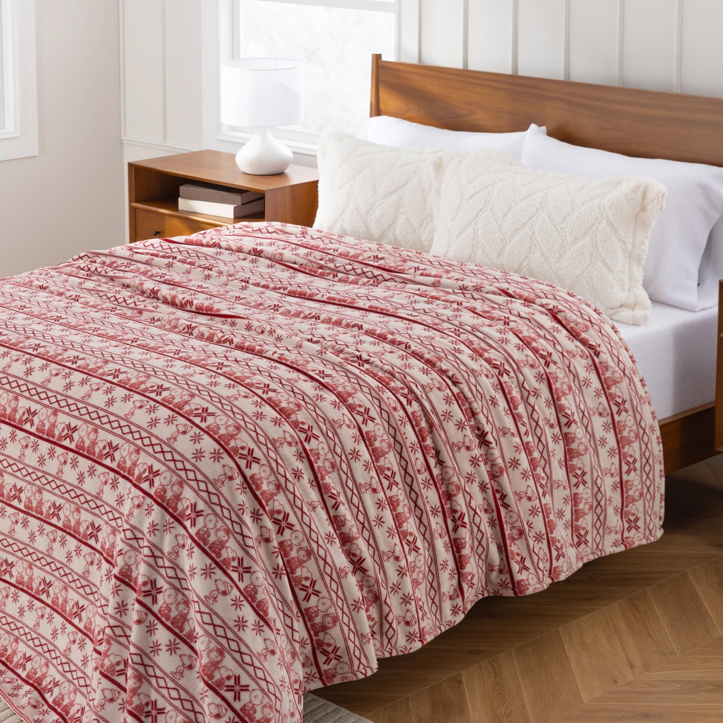 Berkshire Peanuts® VelvetLoft® Cute Character Snoopy Plush Throw Blanket,Cozy Fairisle Crimson Neutral,Throw 55 in x 70 in (Official Peanuts® Product)