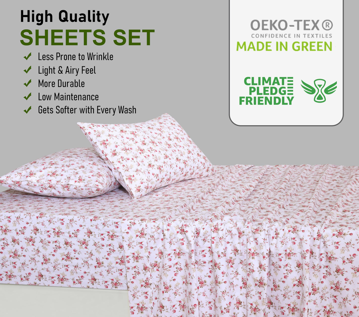 RUVANTI 100% Cotton Percale Sheets Full Size, Bouquet